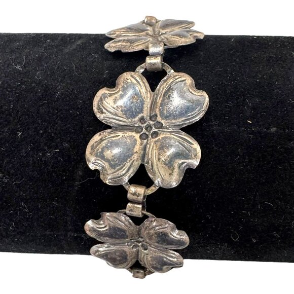 Vintage BEAU Sterling Silver 925 Dogwood Flower Floral Link Panel Bracelet 7.5" - Picture 2 of 7
